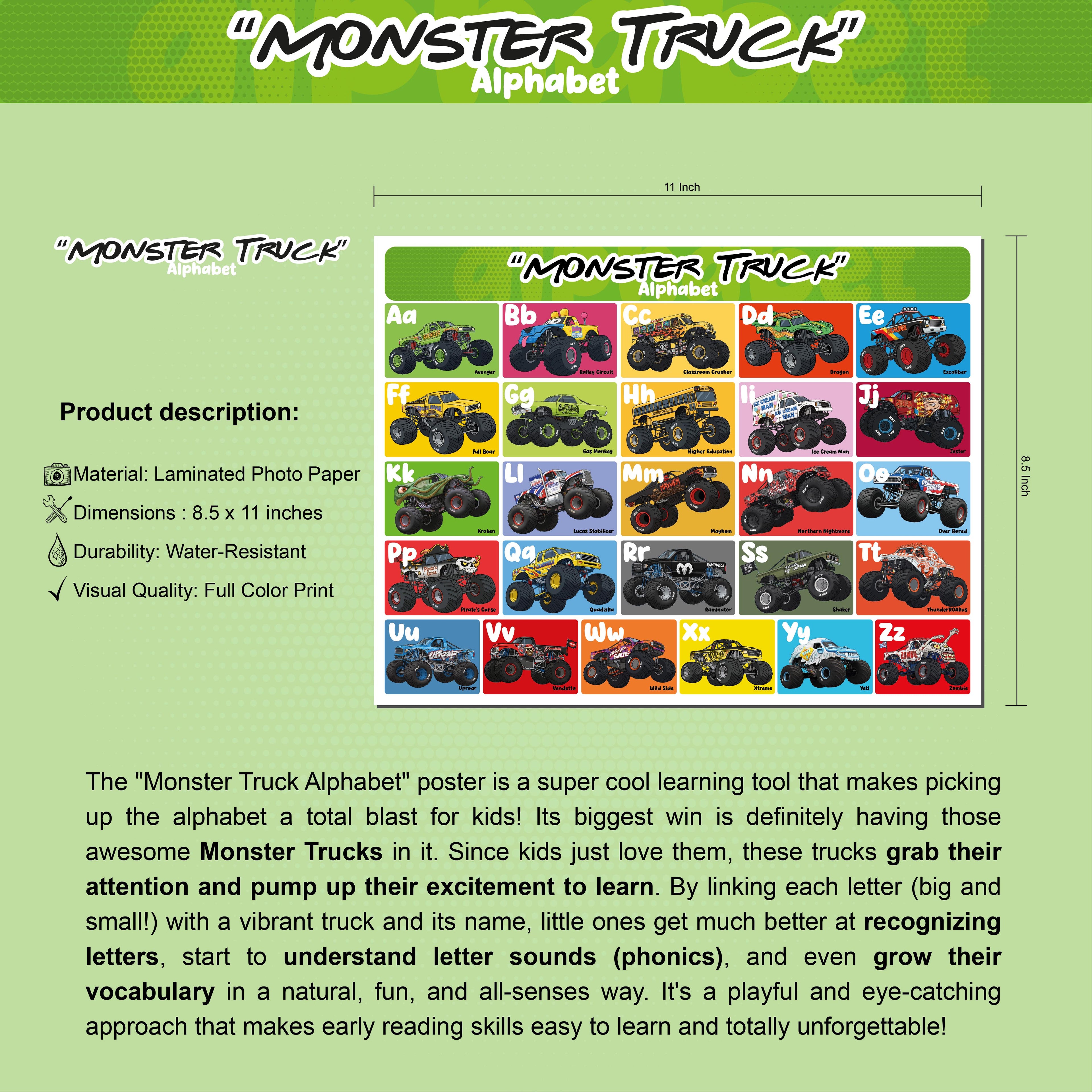Monster Truck Alphabet Poster For Kids|ABC Learning Monster Truck| Toddler Education| Preschool Printable| Learning Poster | Alphabet Poster For Toddlers