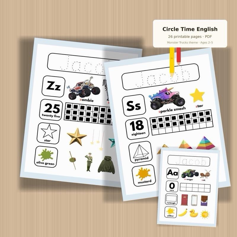 Printed Personalized Circle Time Monster Truck | 26 Weekly Morning Meeting Worksheets | Letter, Numbers, Shapes & Colors | Pre K Homeschool